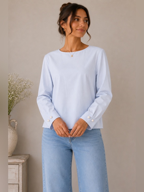 Banana Republic Tops - Banana Republic Blue Blouse | Long Sleeve Pearl Cuff | Preppy Classic | Size S